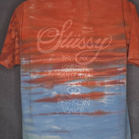 Stussy Graphic T-Shirt L Orange Blue Urban Style Short Sleeve Crew Neck - Picture 3 of 6